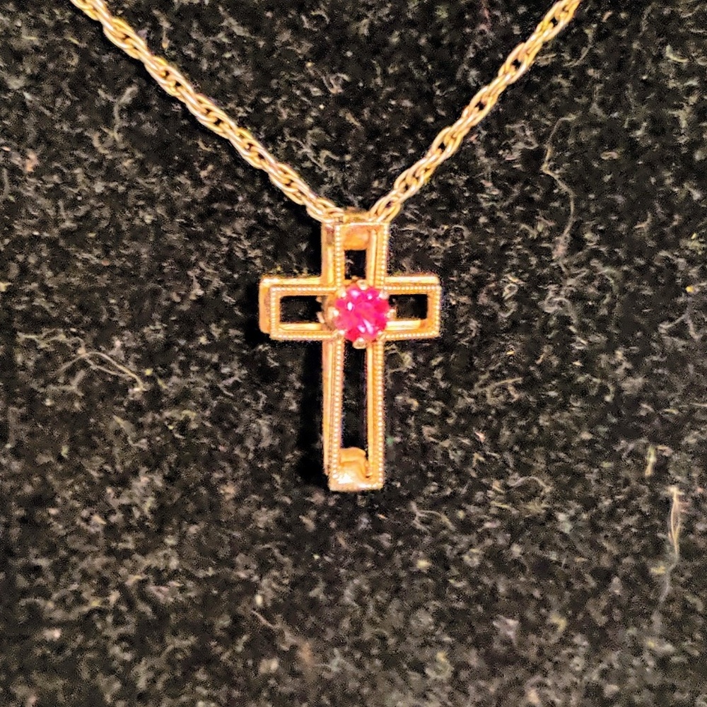 Gold Cross w/Ruby and Rhinestone - Picture 2 of 2